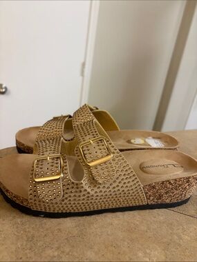 CL by Laundry Nude/Beige Double-Buckle Studded Slide Sandal 9W